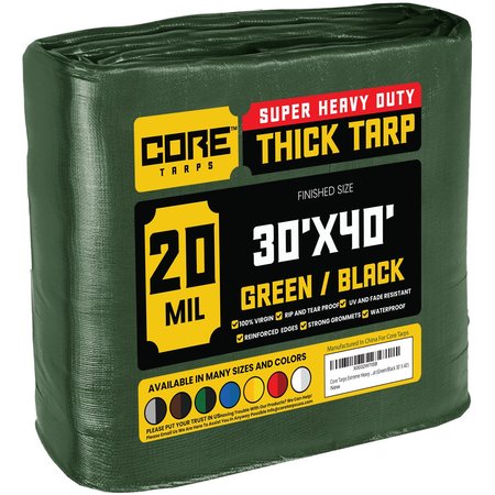 Core Tarps 40 ft L x 0.5 mm H x 30 ft W Heavy Duty 20 Mil Tarp, Green/Black, Polyethylene CT-703-30X40